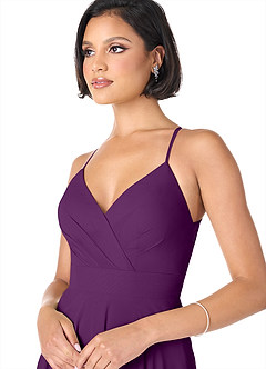 Azazie Avelina Bridesmaid Dresses Grape A-Line V-Neck Pleated Chiffon Dress image4