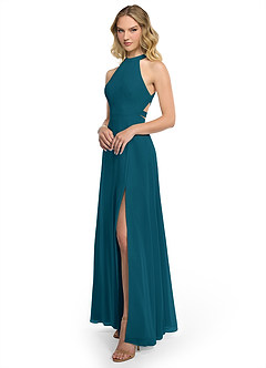 Azazie Clarice Bridesmaid Dresses Ink Blue A-Line Halter Chiffon Dress image2