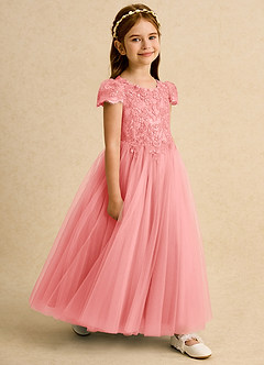 Azazie Puff Flower Girl Dresses Coral Ball-Gown Lace Tulle Dress image3