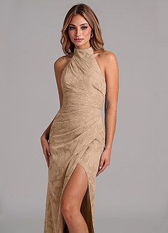 Azazie Jemma 신부 들러리 드레스 쉬스 주름진 플로럴 번아웃 바닥 길이 드레스 image2