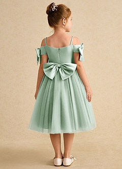 Azazie Amie Flower Girl Dresses Agave A-Line Off the Shoulder Matte Satin Dress image2