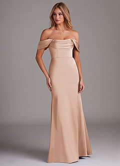 Azazie Saige Bridesmaid Dresses Blushing Pink Sheath Off the Shoulder Stretch Satin Dress image4