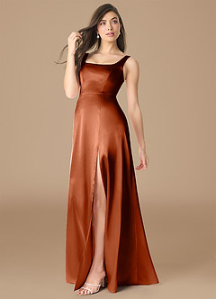 Azazie Joyce At-home Try On Dresses Auburn A-Line Side Slit Metallic Satin Dress image3