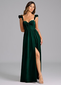 Azazie Denisse Bridesmaid Dresses Emerald A-Line Ruched Velvet Dress image4