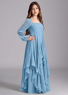 Azazie Clara Junior Steel Blue A-Line Blouson Chiffon Dress image4