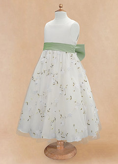 Azazie Pollie Flower Girl Dresses Ivory Dusty Sage A-Line Bow Tulle Dress image12