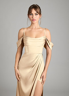 Azazie Johana Bridesmaid Dresses Champagne Mermaid Off the Shoulder Stretch Satin Convertible Dress image4
