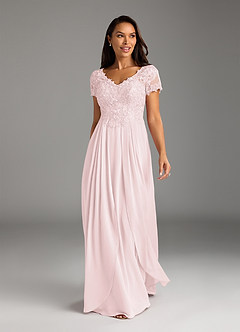 Azazie Dunja Mother of the Bride Dresses Blushing Pink A-Line V-Neck Lace Chiffon Dress image5