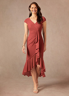 Azazie Renetta Mother of the Bride Dresses Terracotta Sheath V-Neck Pleated Mesh Dress image1