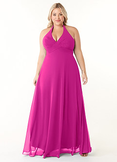 Azazie Tessie Vestidos de damas de honor Vestido de Fucsia de Gasa de Corte en A con Cuello en V plisado image6