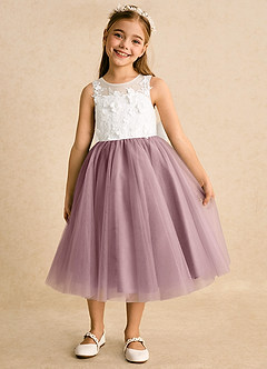 Azazie Lina Flower Girl Dresses Ivory Dusty Rose Ball-Gown Lace Dress image5