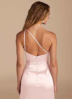 Azazie Mika Bridesmaid Dresses Blushing Pink Sheath One Shoulder Metallic Satin Dress image2