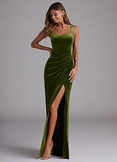 Azazie Mero Bridesmaid Dresses Olive Sheath Pleated Velvet Dress image1