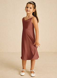 Azazie Zuzu Robe Demoiselle D'honneur Fillette Robe Trapèze en Satin extensible Bretelle Spaghetti Auburn image4