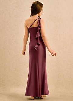 Azazie Almond Girls Formal Robe Demoiselle D'honneur Fillette Robe Fourreau en Satin extensible Une épaule Merlot image1