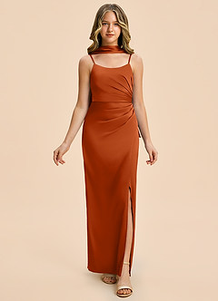 Azazie Calandra Junior Burnt Orange Sheath Pleated Stretch Satin Dress image5