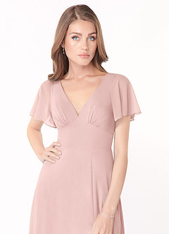 Azazie Kimber Robes de demoiselle d'honneur Robe Trapèze en Mousseline de soie Manches à volants Rose Poudré image8
