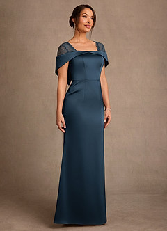 Azazie Henrieta Venta final Vestido de Azul Marino Oscuro de Satén Elástico de Corte Recto con Encaje image3