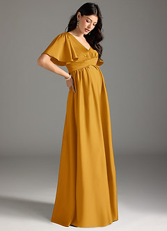 Azazie Verna Robes de demoiselle d'honneur de maternité Robe Trapèze Rayé Longueur ras du sol Satin extensible image6