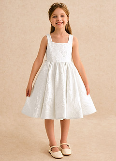 Azazie Honeybun Flower Girl Dresses Ivory A-Line Bow Floral Jacquard Dress image2