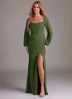 Azazie Charissa Bridesmaid Dresses Olive Sheath Long Sleeve Chiffon Dress image1