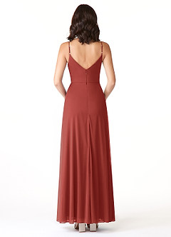 Azazie Evalin Bridesmaid Dresses Terracotta A-Line V-Neck Pleated Mesh Dress image2