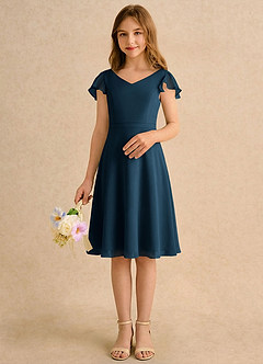 Azazie Narin Girls Formal Flower Girl Dresses Dark Navy A-Line with Sleeves Chiffon Dress image3