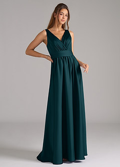 Azazie Kora Bridesmaid Dresses Pine A-Line Pleated Stretch Satin Dress image3