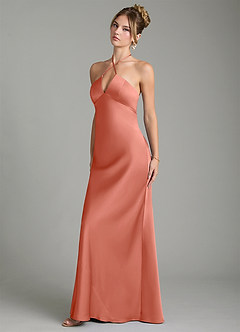 Azazie Camille Bridesmaid Dresses Salmon Pink Sheath Side Slit Stretch Satin Dress image4
