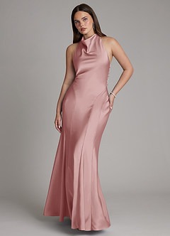 Azazie Sahara Bridesmaid Dresses Dusty Rose A-Line Pleated Stretch Satin Dress image1