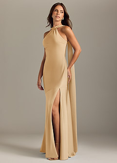 Azazie Kinsley Vestidos de damas de honor Vestido de Oro de Satén Elástico de Corte Sirena con Corte Lateral image3
