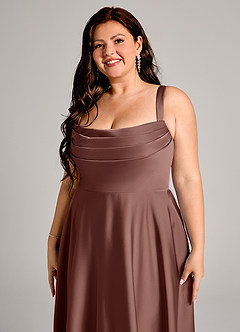Azazie Shaude Bridesmaid Dresses Espresso A-Line Pleated Stretch Satin Dress image9