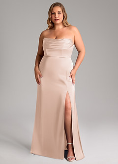 Azazie Saige Bridesmaid Dresses Blushing Pink Sheath Off the Shoulder Stretch Satin Dress image16