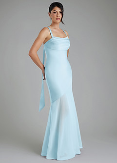 Azazie Piper At-home Try On Dresses Sky Blue Mermaid Pleated Stretch Satin Dress image8