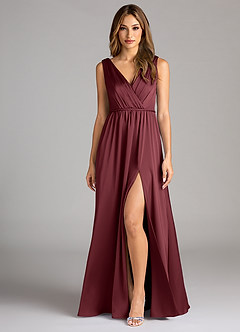 Azazie Tanicia Bridesmaid Dresses Merlot A-Line Pleated Stretch Satin Dress image1