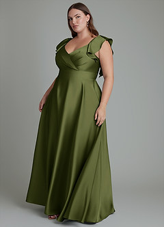 Azazie Leilani Bridesmaid Dresses Olive A-Line Ruched Stretch Satin Dress image6