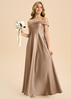 Azazie Sissy Junior Abito A-Line in Raso Elasticizzato a Spalla Scoperta Taupe image3