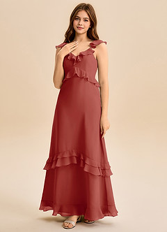 Azazie Tavie Junior Terracotta A-Line Ruched Chiffon Dress image3