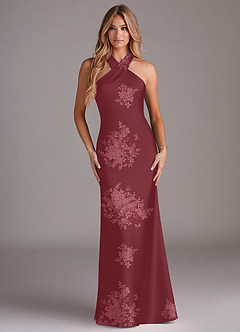 Azazie Doretta Bridesmaid Dresses Burgundy Floral Bouquet Mermaid Pleated Stretch Satin Dress image1
