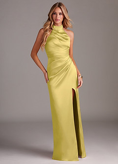 Azazie Jemma Robes de demoiselle d'honneur Robe Fourreau en Satin extensible Plissée Canari image3