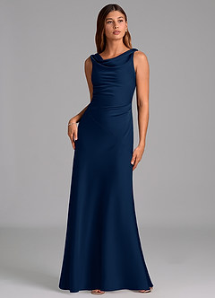 Azazie Nerine Bridesmaid Dresses Dark Navy A-Line Pleated Stretch Satin Dress image3