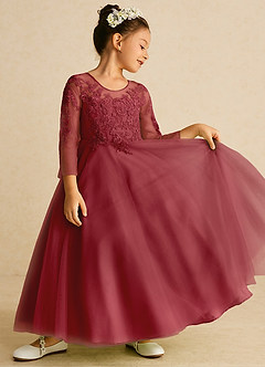 Azazie Precious Flower Girl Dresses Pomegranate A-Line Lace Tulle Dress image2