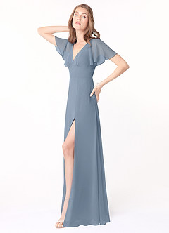 Azazie Kimber Bridesmaid Dresses Dusty Blue A-Line Flounce Sleeve Chiffon Dress image6