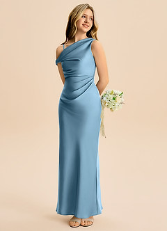 Azazie Emerson Junior Steel Blue Sheath Off the Shoulder Stretch Satin Dress image6