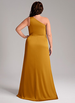 Azazie Phaedra Bridesmaid Dresses Butterscotch A-Line One Shoulder Stretch Satin Dress image2