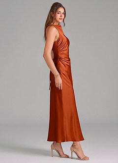 Azazie Evadne Abiti da Damigella Abito Tubino in Raso Elasticizzato Plissettato Paprika image4