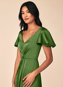 Azazie Soren Bridesmaid Dresses Basil A-Line Pleated Stretch Satin Dress image7