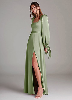 Azazie Leonia Bridesmaid Dresses Dusty Sage A-Line Long Sleeve Stretch Satin Dress image5