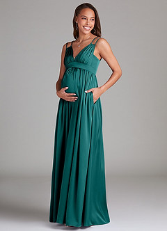 Azazie Emree Maternity Bridesmaid Dresses A-Line Stretch Satin Floor-Length Dress with Pockets image3