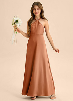 Azazie Beah Junior Copper A-Line Pleated Stretch Satin Dress image3